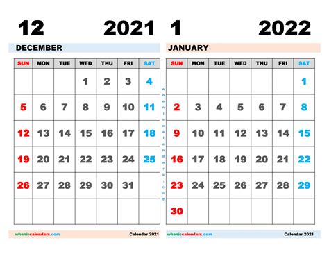 Dec 2021 Jan 2022 Calendar Printable